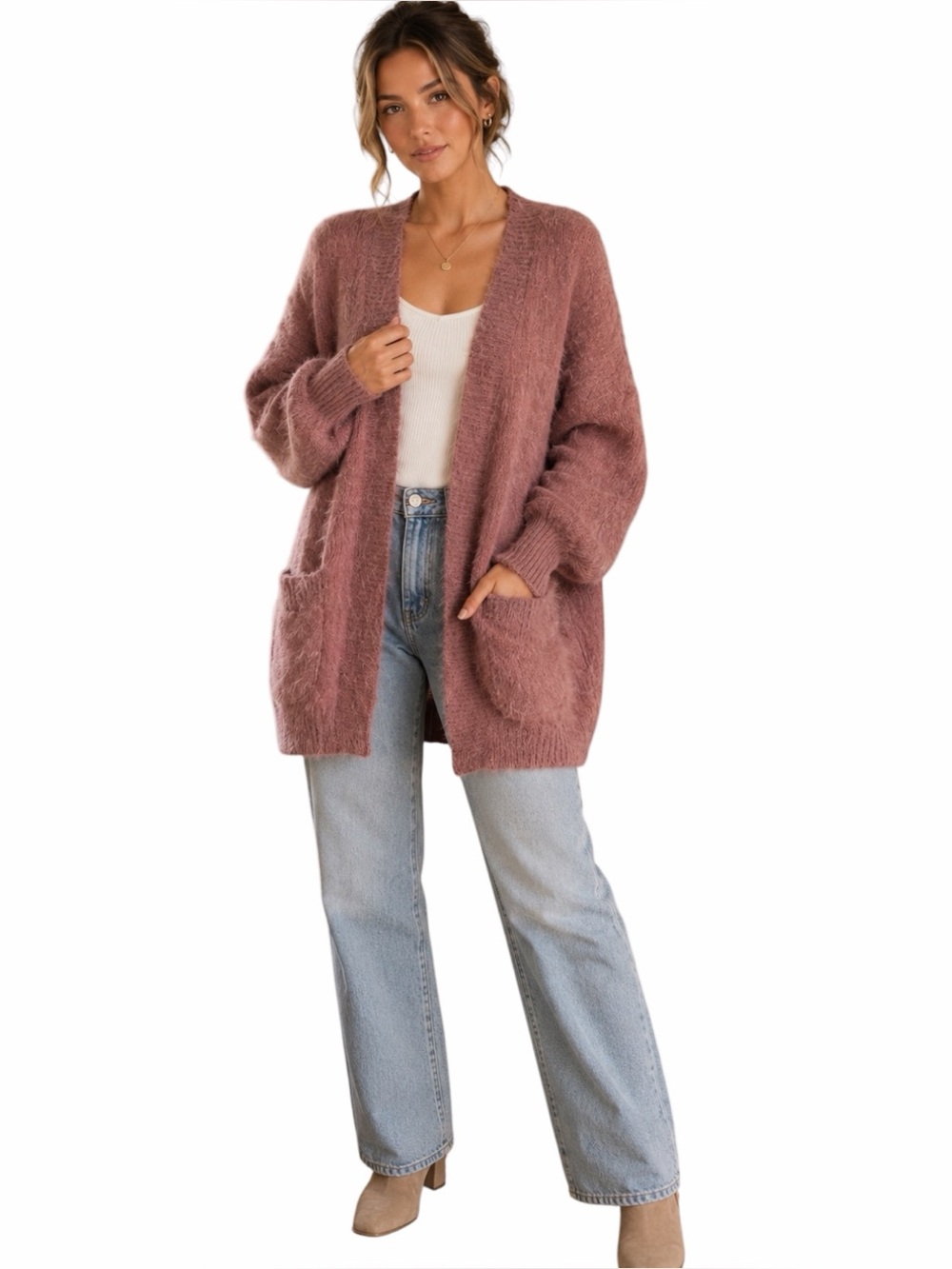 Pink Fuzzy Cardigan Oversized Open Front Soft Knit Sweater S/M NWT